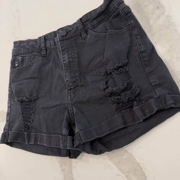 KanCan Black Denim Distressed Jean Shorts High Rise Cuffed Pockets Women's 28 - Picture 2 of 7